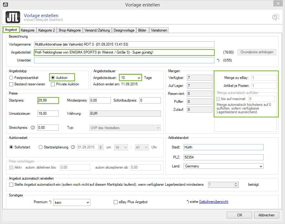 Vorlage für eBay-Angebote