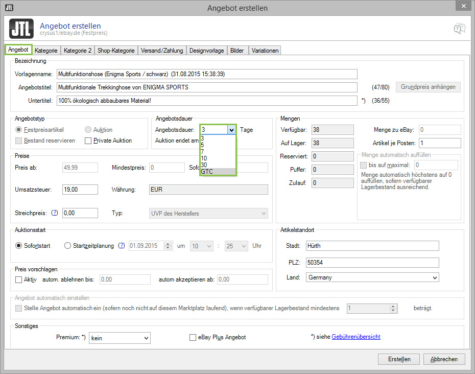 eBay-Angebot aus JTL-Wawi erstellen