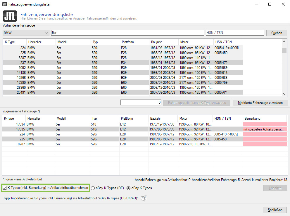 Fahrzeugverwendungsliste von eBay verknüpfen