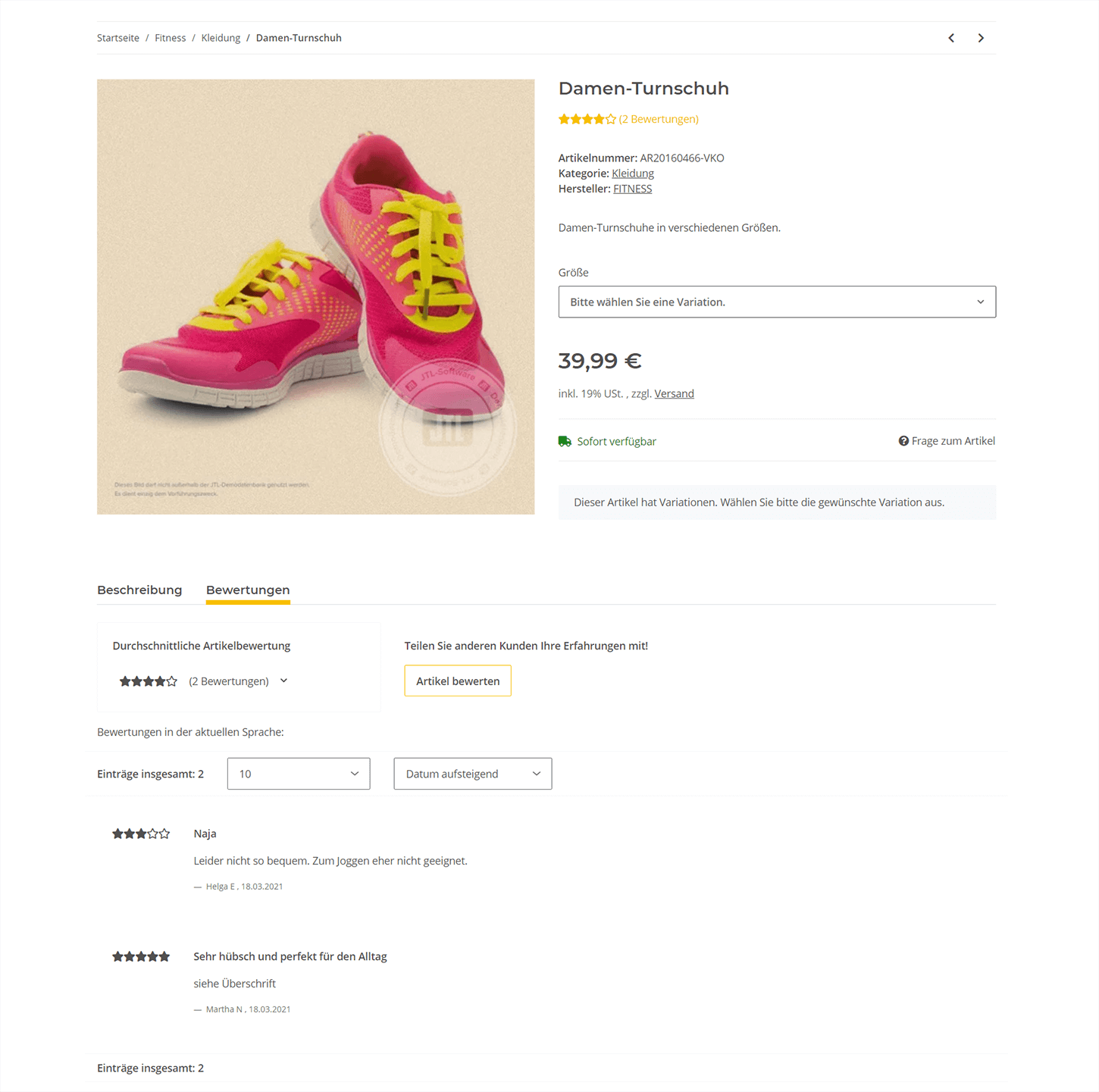 Ansicht der Bewertungen im Frontend von JTL-Shop