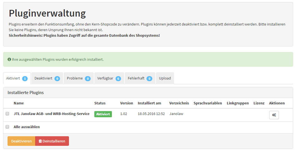 jtl janolaw Pluginverwaltung