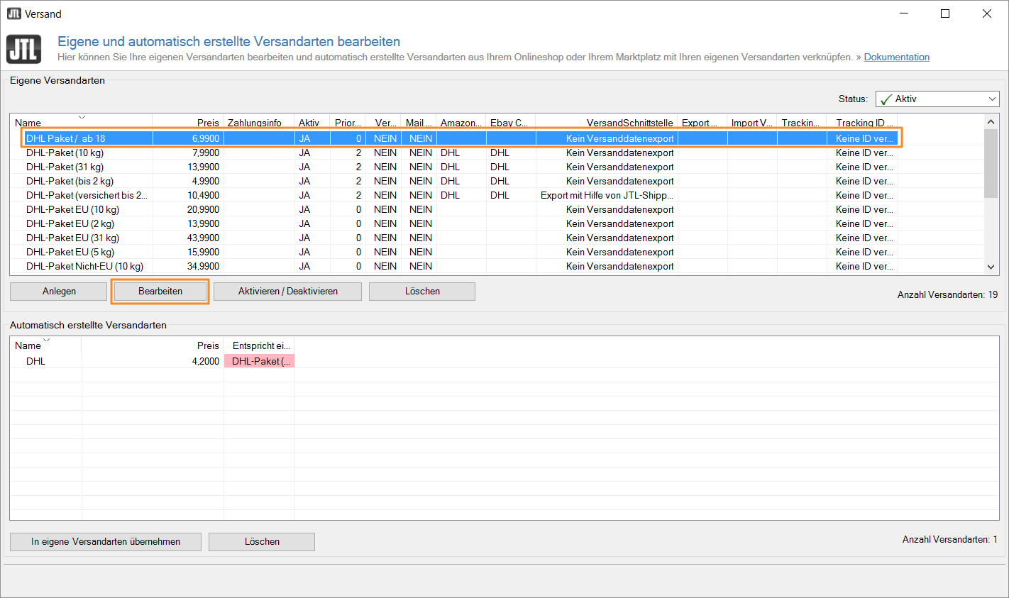 JTL Technologiepartner DHL Versandarten Editieren versenden