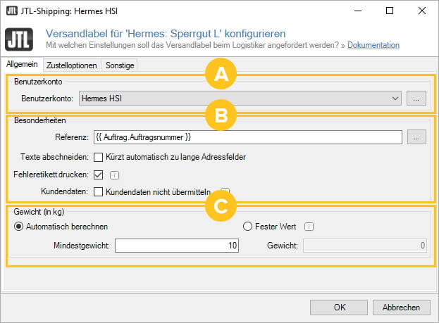 Versandetikett für Hermes konfigurieren