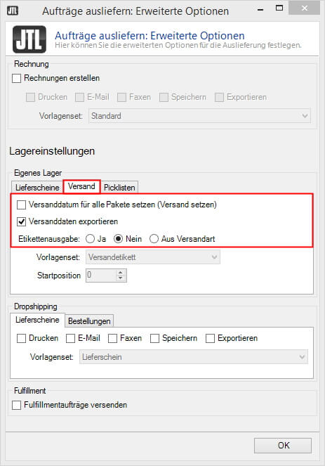 Erweiterte Optionen für den Versand