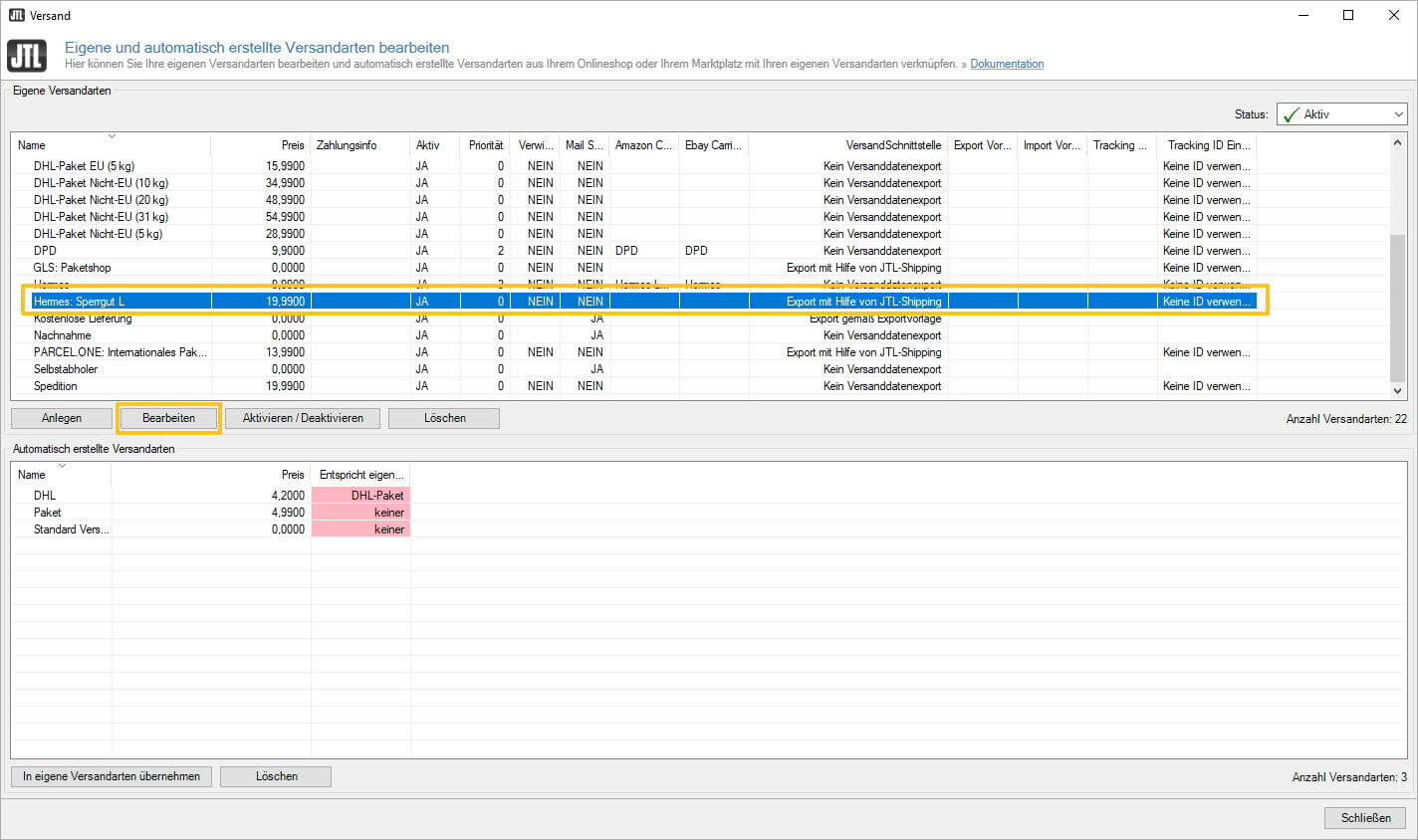 Versandverwaltung in JTL-Wawi