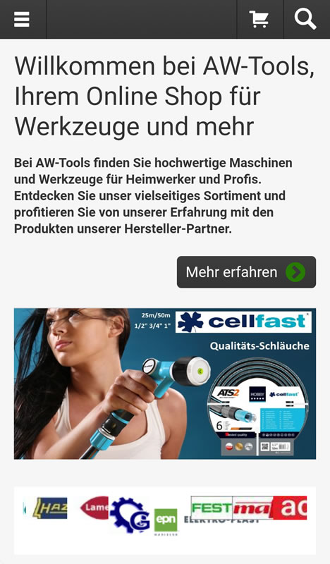 Mobile Startseite im Shop von AW Tools