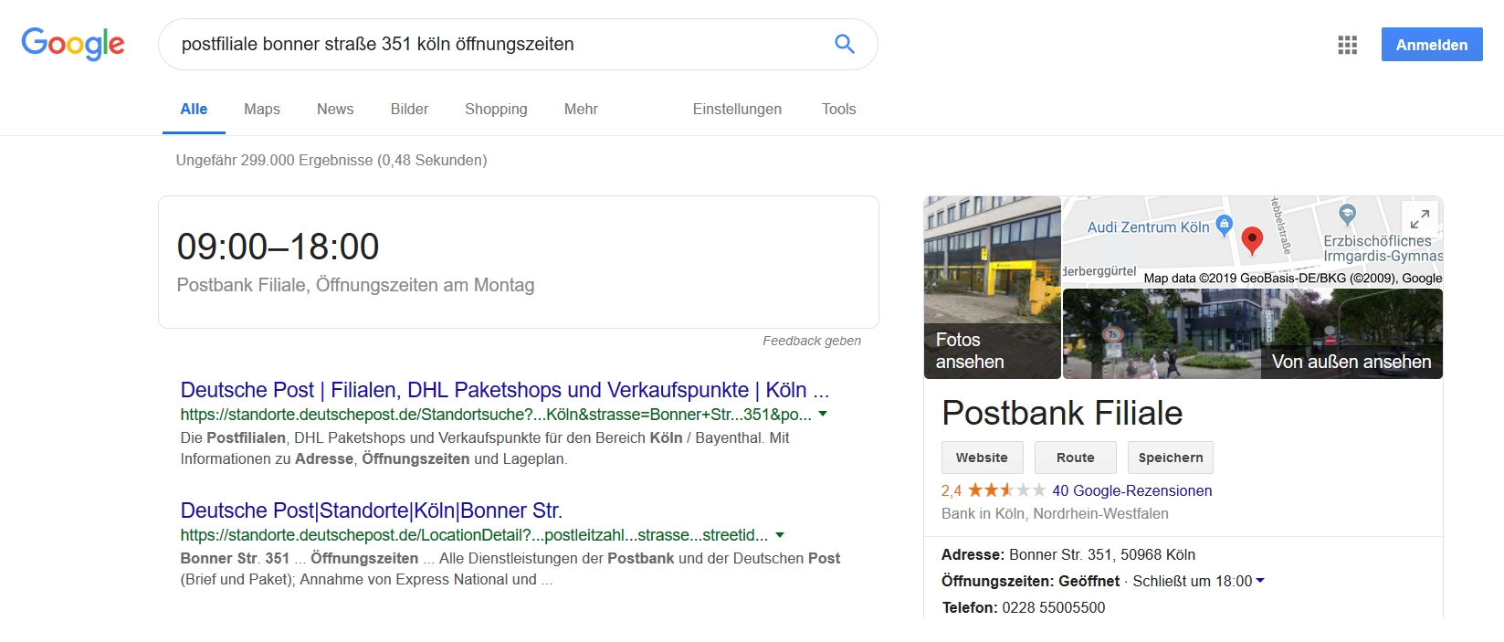 Screenshot von Google mit Öffnungszeiten