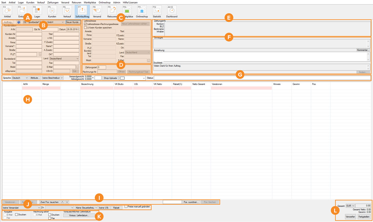 Kundendaten im Sofort-Auftrag hinterlegen