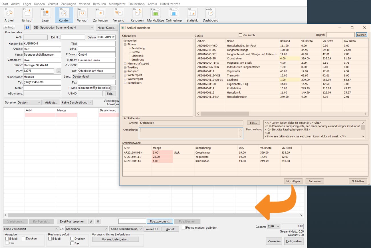 In JTL-Wawi Auftrag vervollständigen