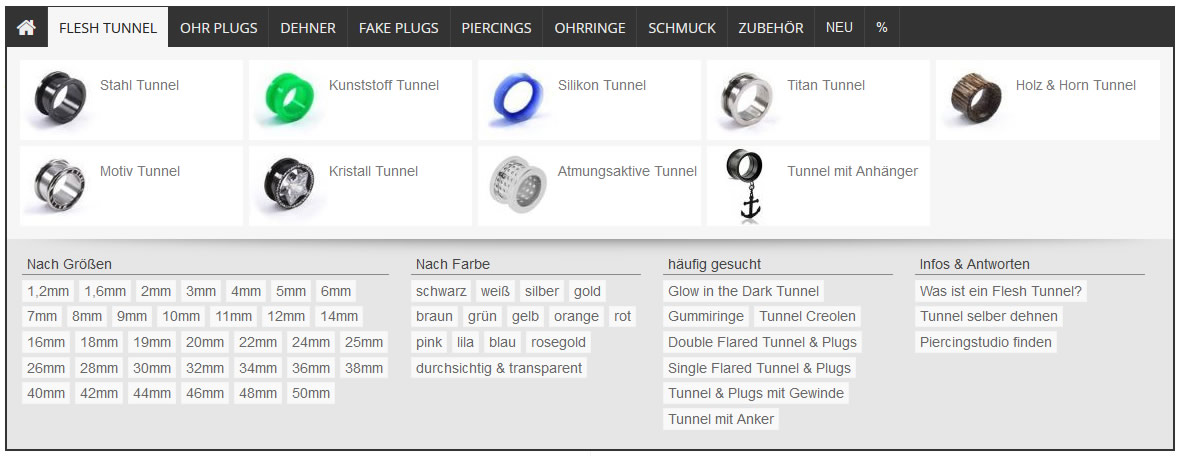 Mega Menue im Flesh Tunnel Shop