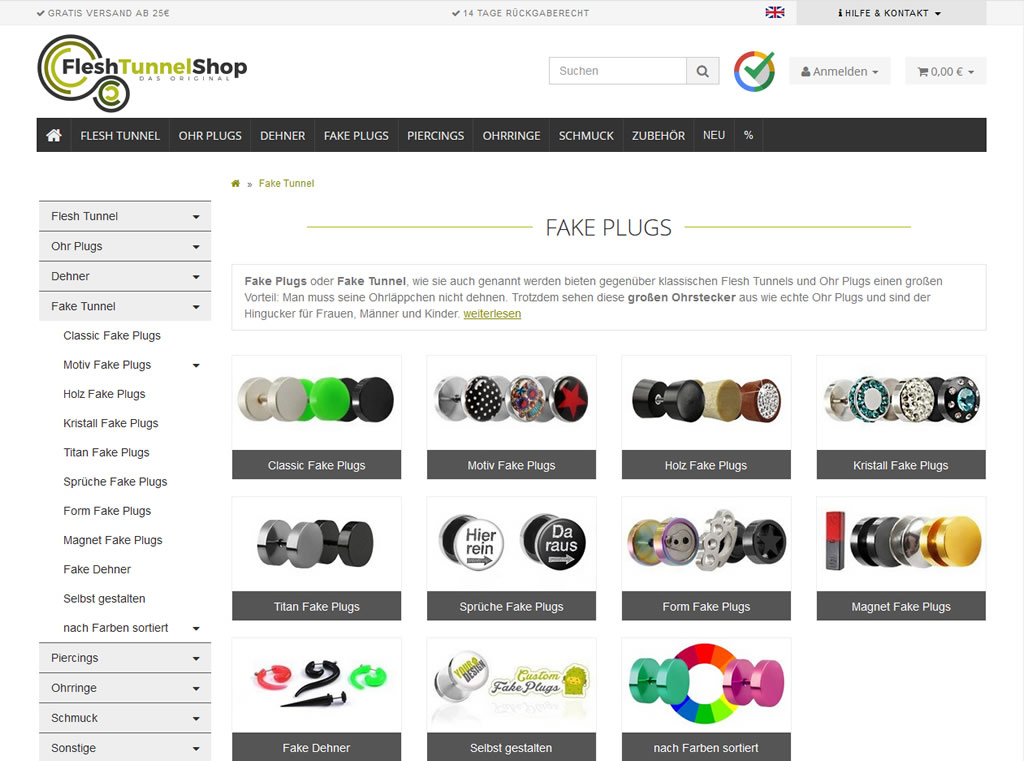 Kategorie im Flesh Tunnel Shop
