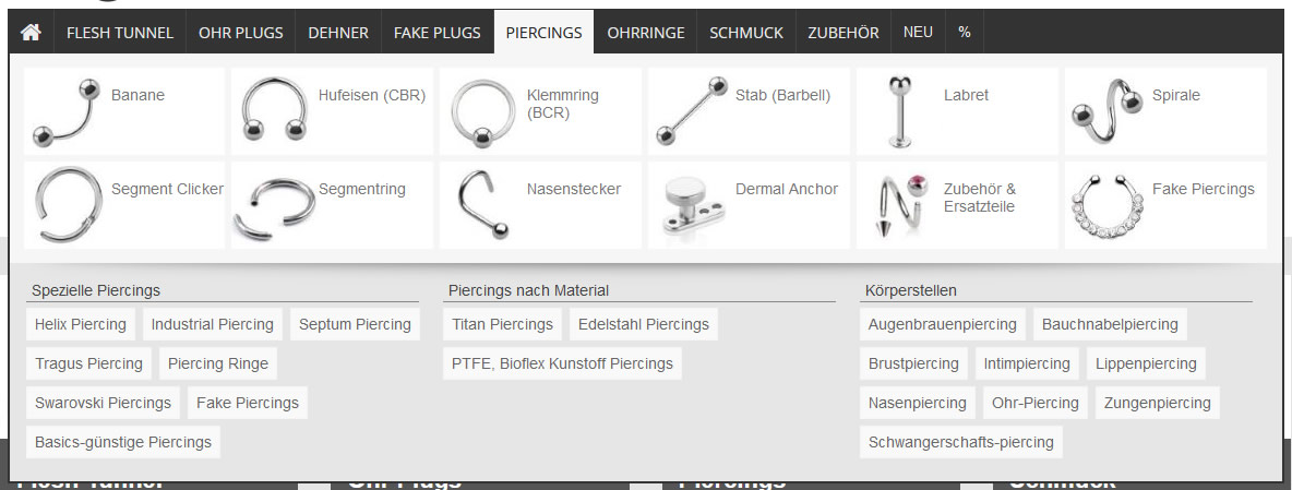 Filtermöglichkeiten im Menue vom Flesh Tunnel Shop