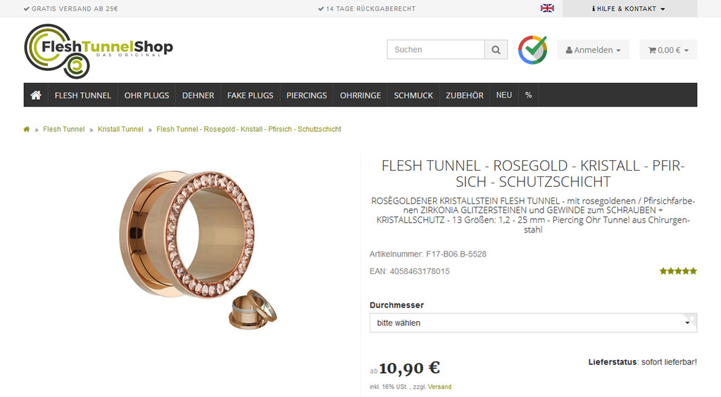 Produktseite im Flesh Tunnel Shop