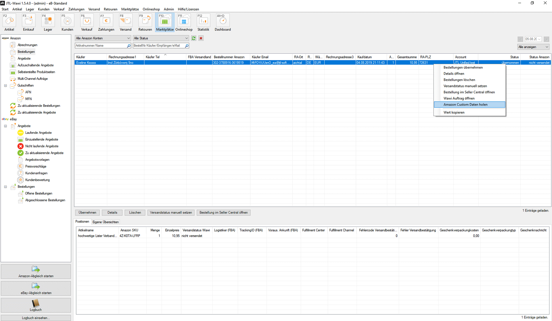 Amazon Custom Daten holen mit JTL-Wawi