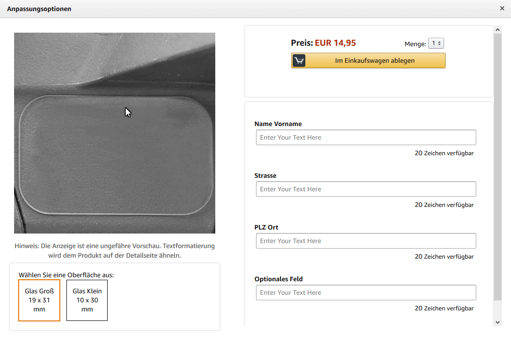 Anpassungsoptionen Amazon