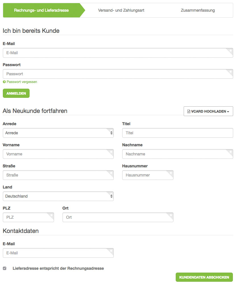 Registrierung/Login oder Eingabe der Rechnungs- und Lieferadresse