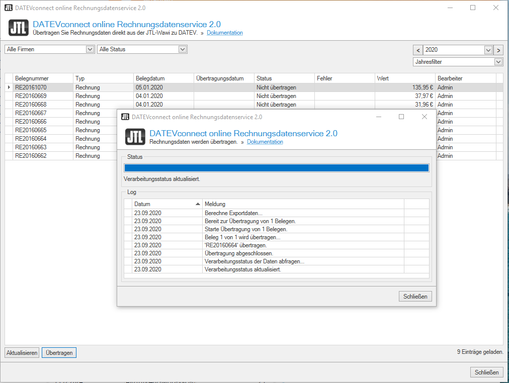 Einstellungen Datev Connect Online Rechnungsdatenservice in JTL-Wawi