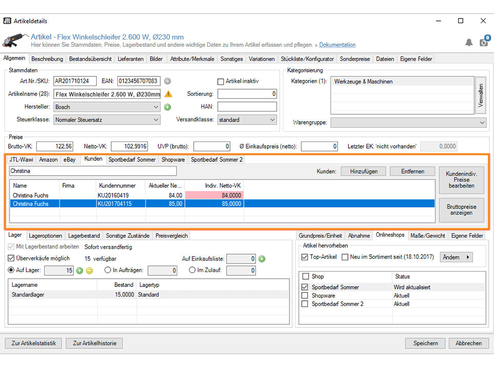 Werkzeug Maschinen JTL-Wawi Individuelle Kundenpreise