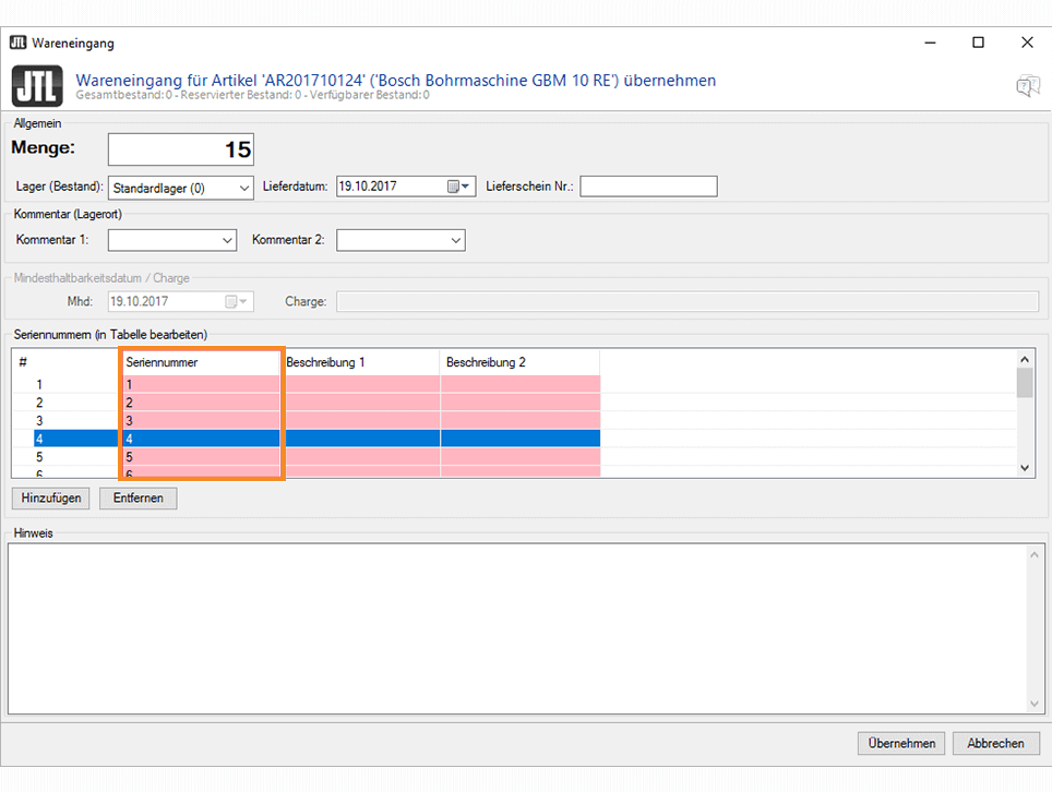 Werkzeug Maschinen JTL-Wawi Seriennummernverfolgung