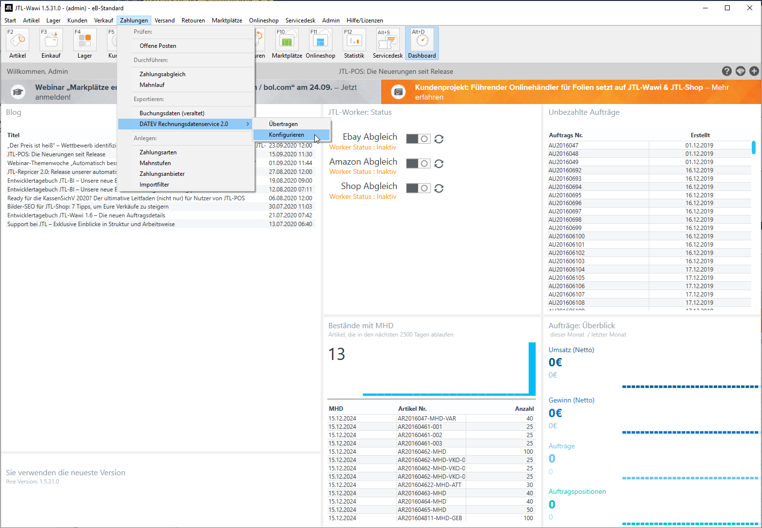 Datev Rechnungsservice 2 0 in JTL-Wawi Konfigurieren