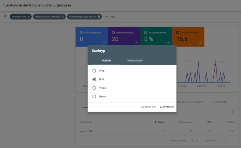 Google Serach Console mit Fenster für den Suchtyp Bild