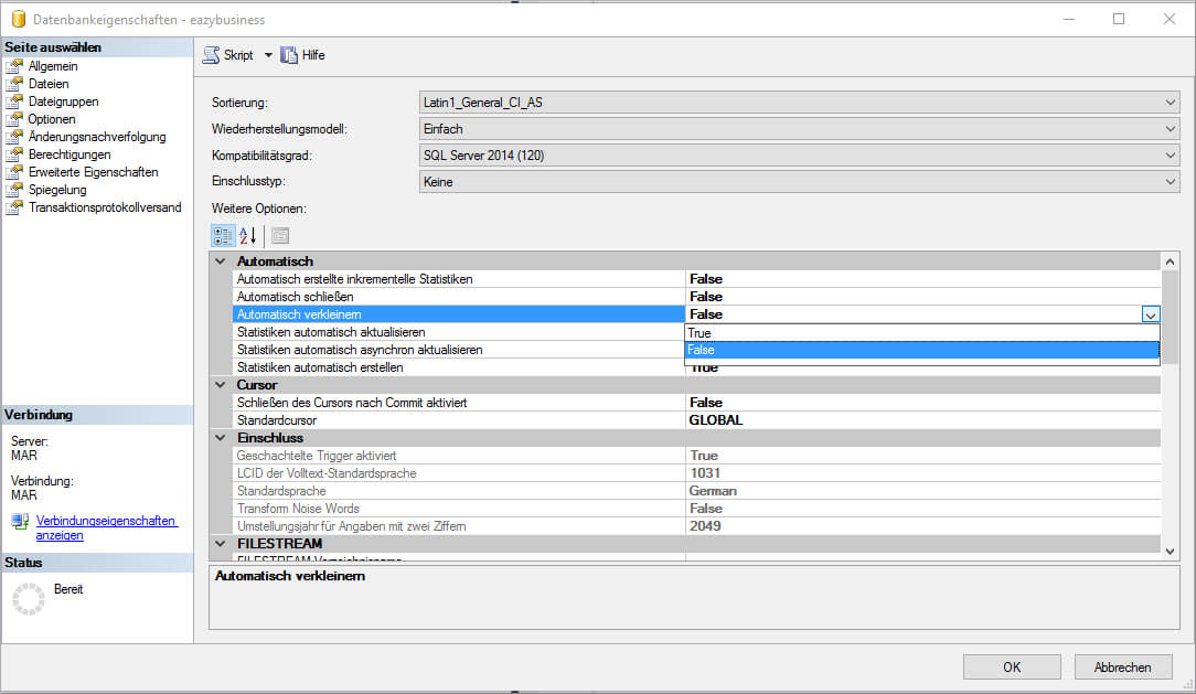 Funktion Autoshrink in SQL-Datenbank einstellen