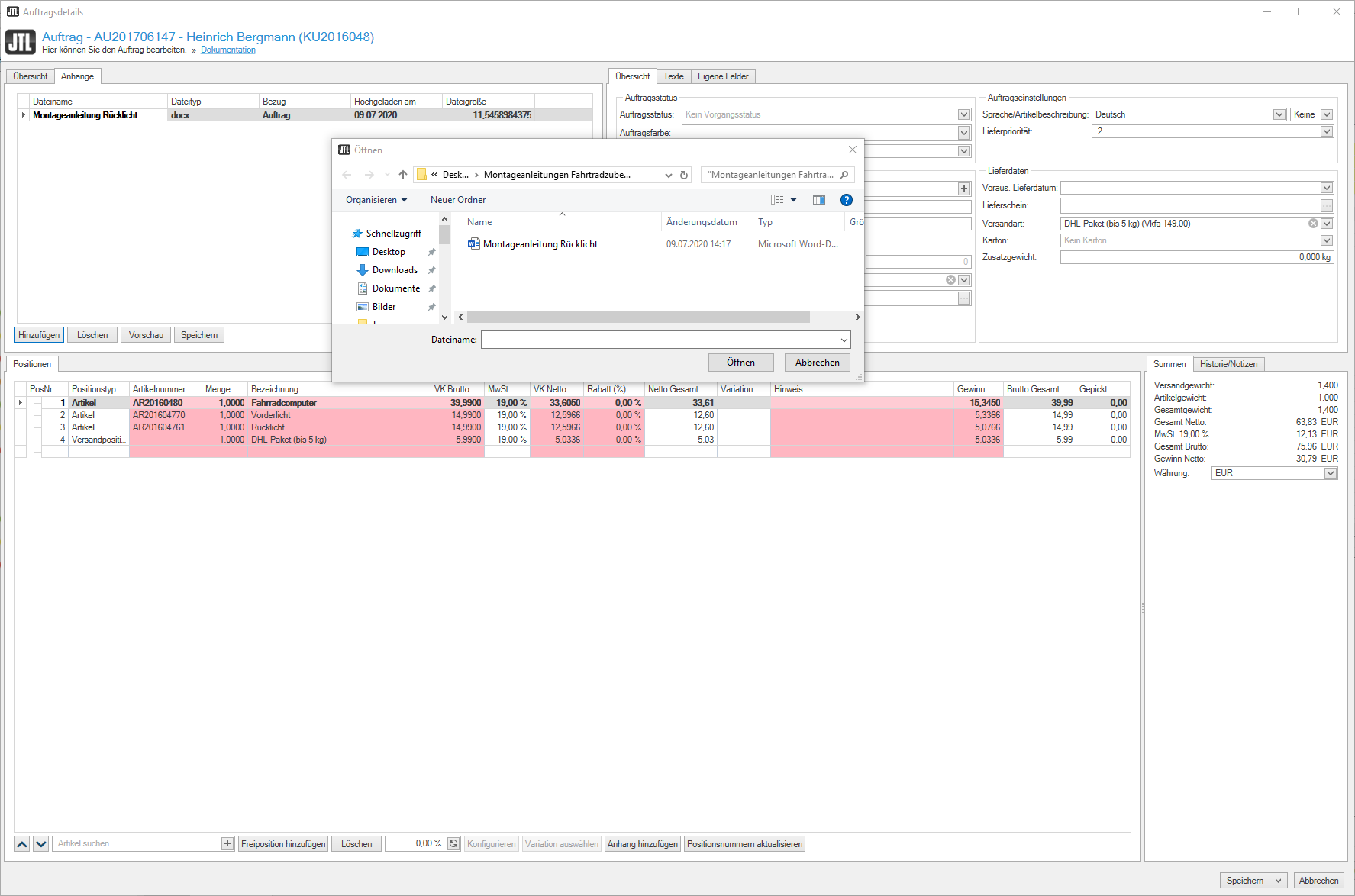 Den Auftragsdetails in JTL-Wawi 1.6 Anhänge hinzufügen