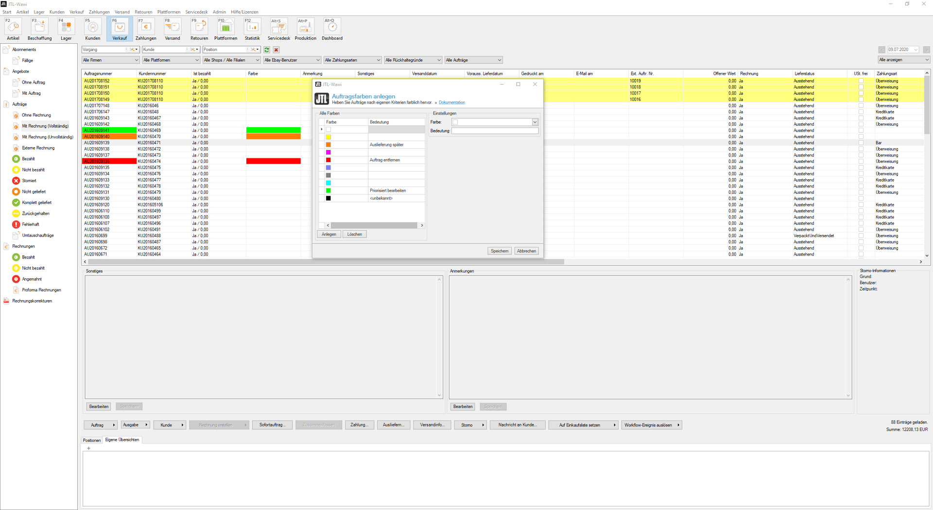 Auftragsfarben anlegen in den Auftragsdetails von JTL-Wawi 1.6