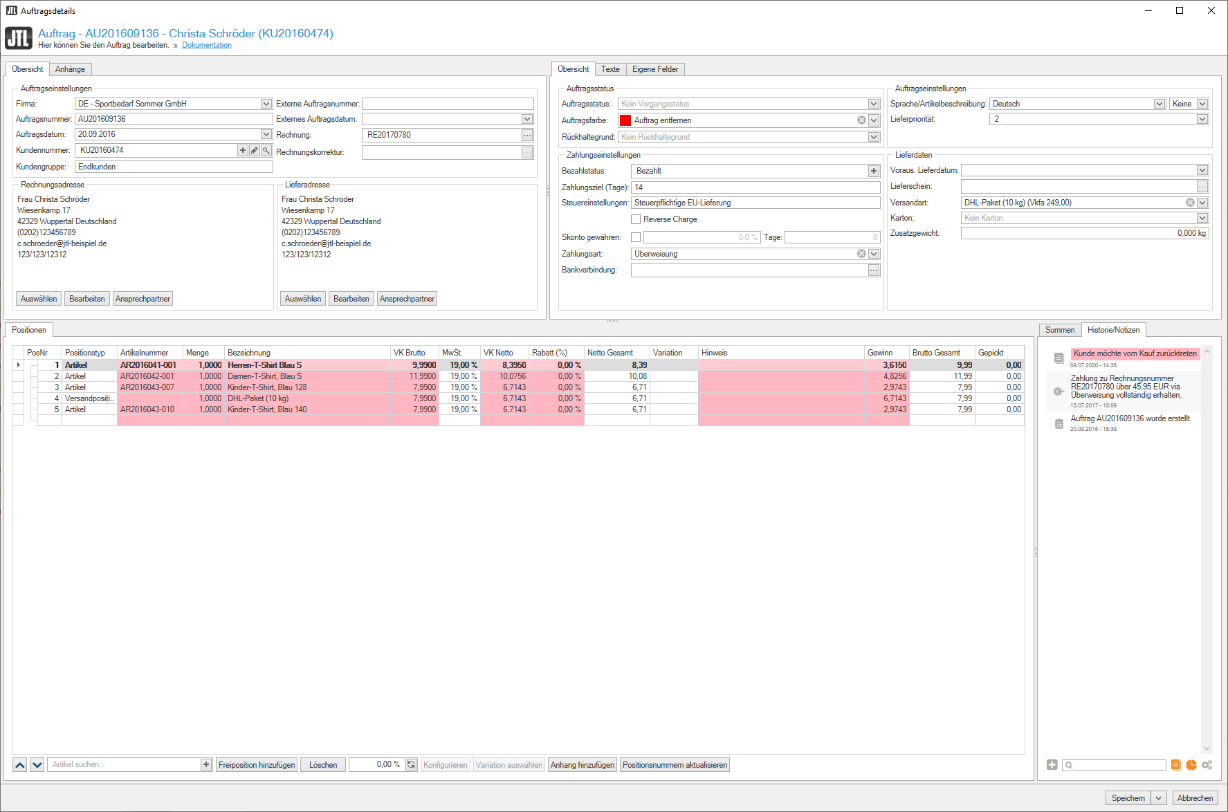 Notizen in den Auftragsdetails von JTL-Wawi 1.6 hinzufügen