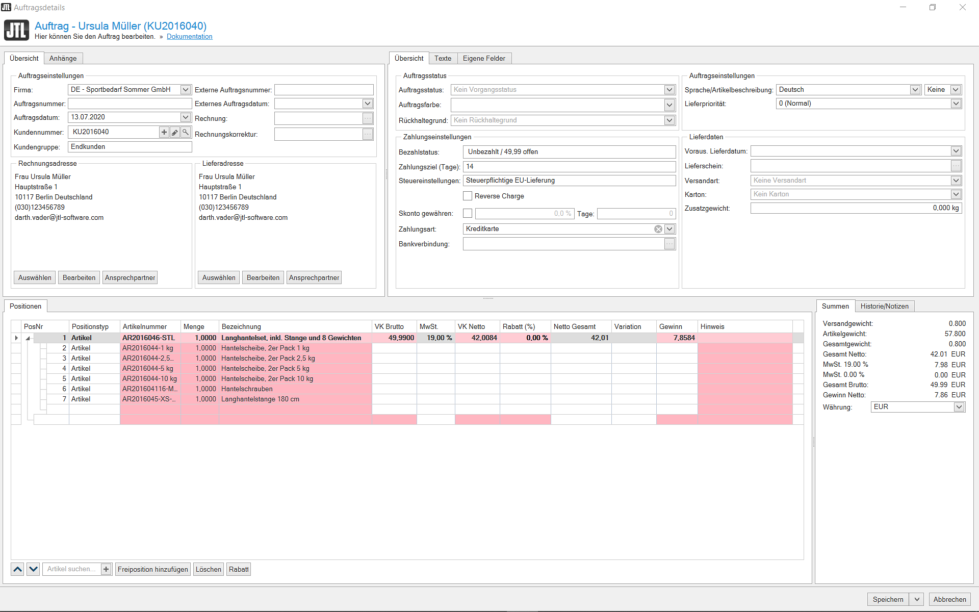Auftragsindividuelle Stücklisten in den Auftragsdetails von JTL-Wawi 1.6