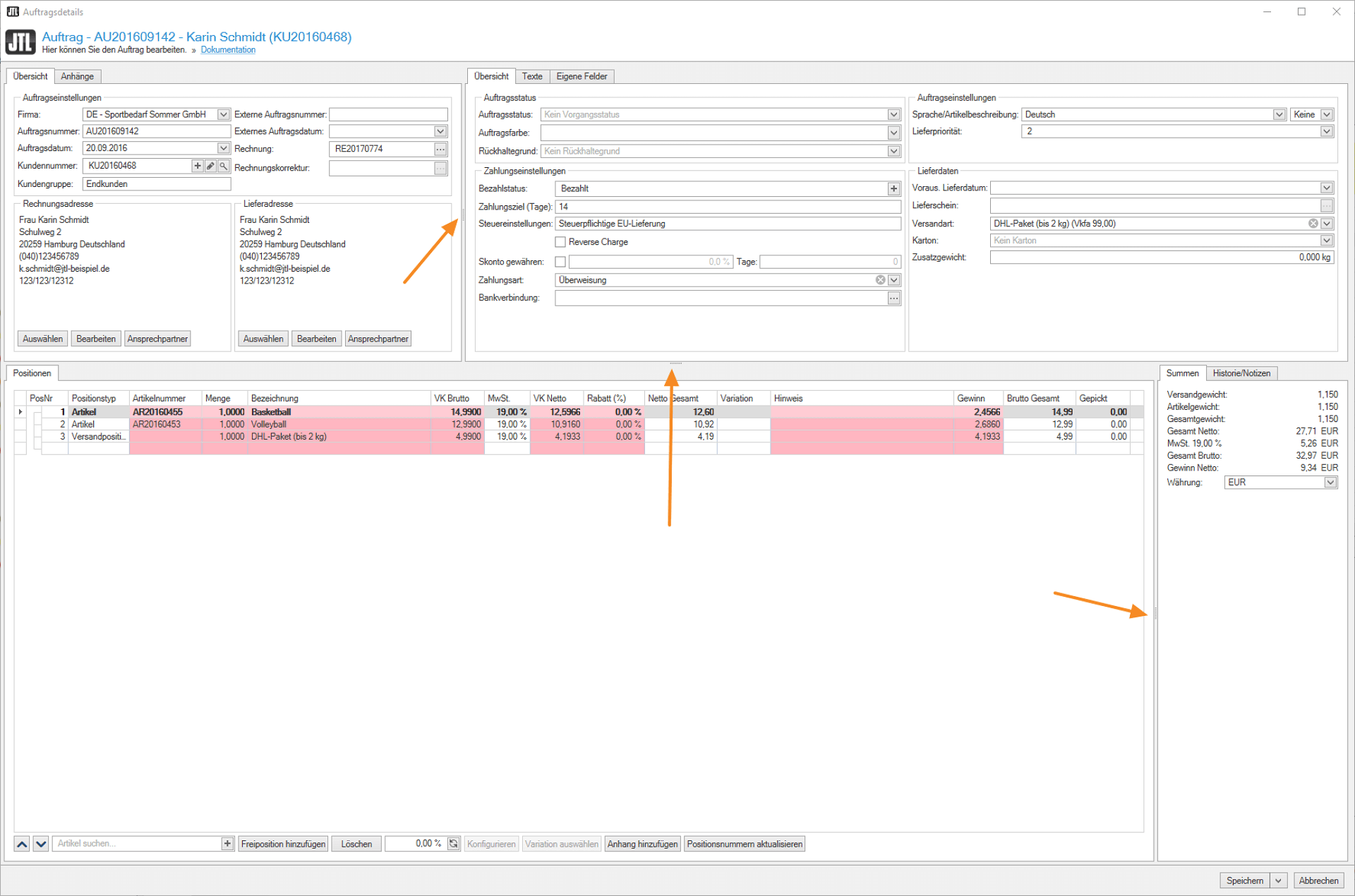 Eigene Felder in den Auftragsdetails von JTL-Wawi 1.6