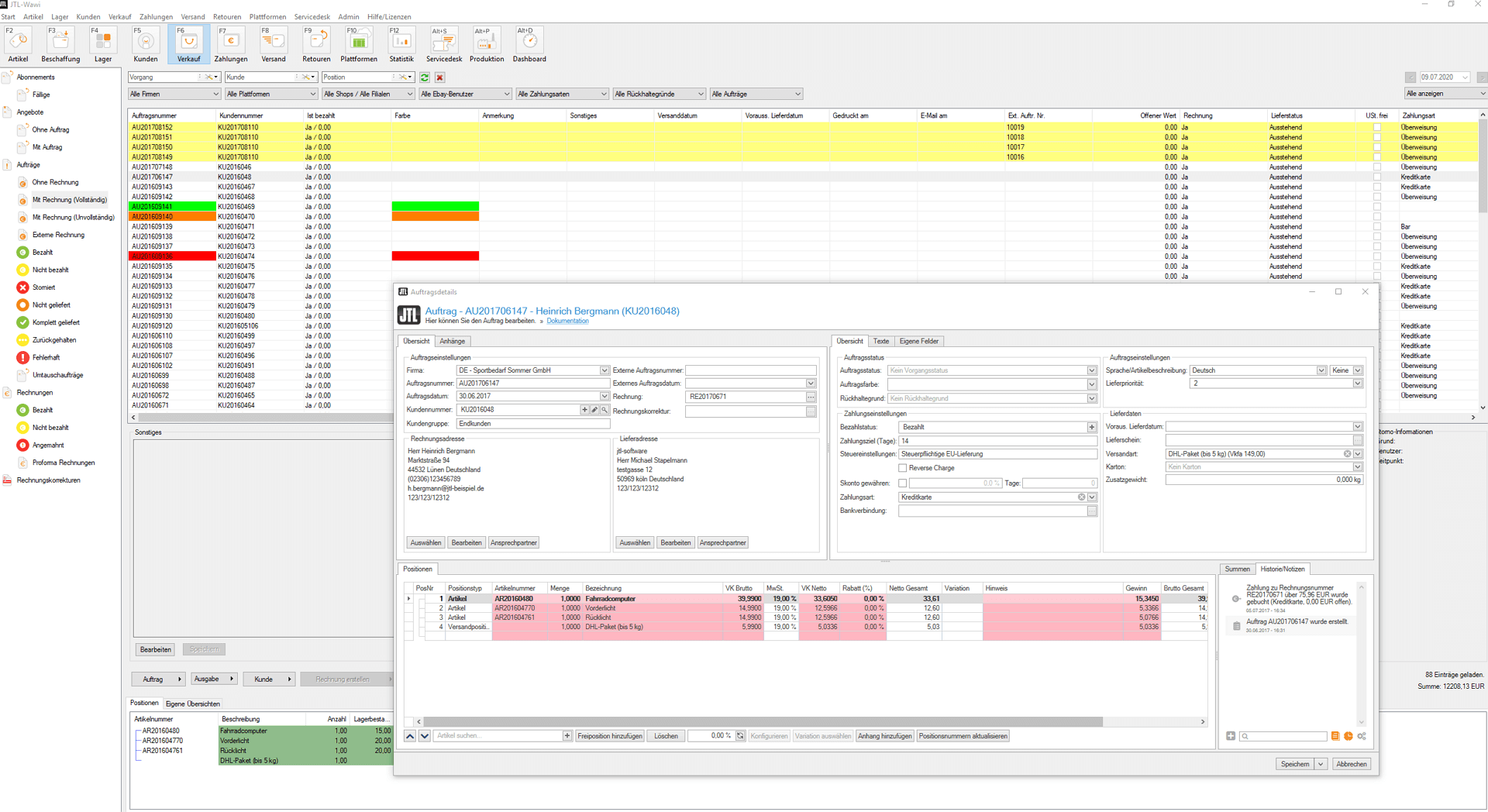 Das neue Fenster der Auftragsdetails in JTL-Wawi 1.6