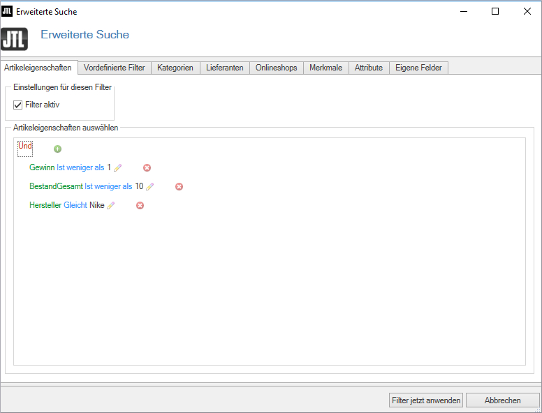 JTL Blog Filter Erweiterte Sucher