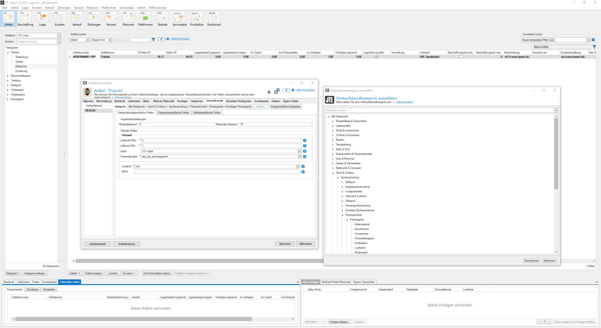 Artikeldetails im Tab Verkaufskanäle, mit daneben dargestelltem Kategorie-Browser des Verkaufskanals, in dem Fall Real.