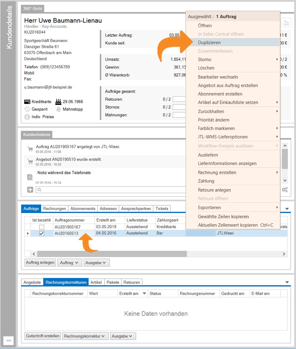 Auftrag im Widget kopieren