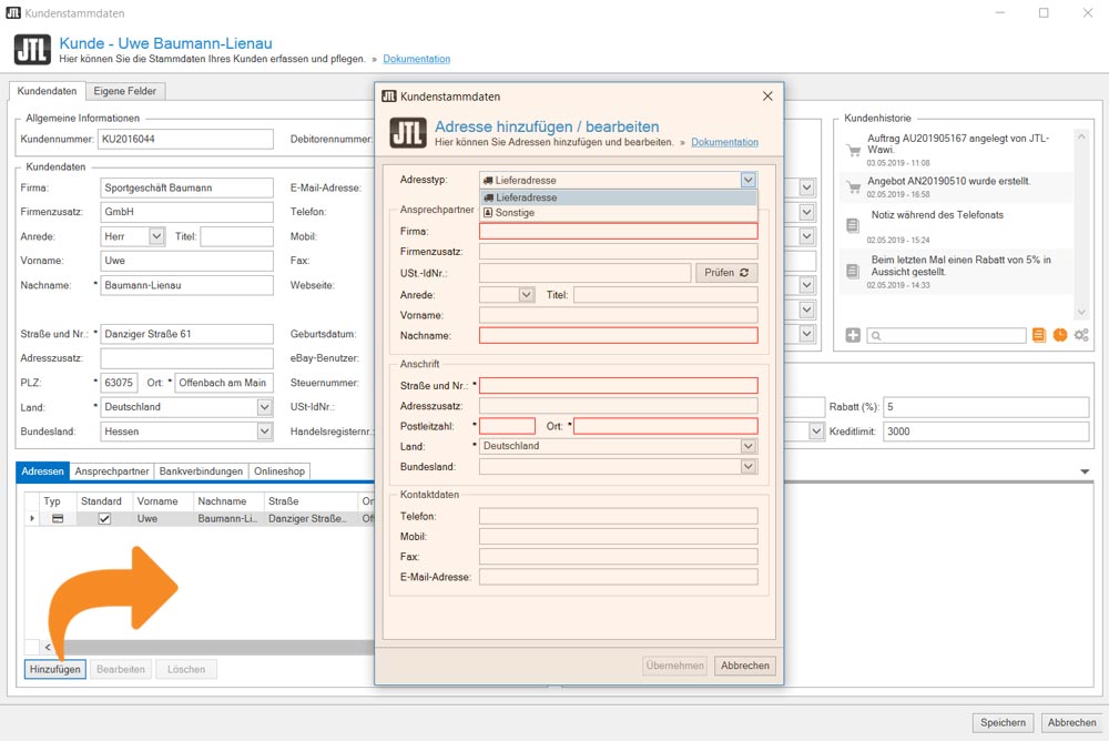 Lieferadresse in JTL-Wawi anlegen