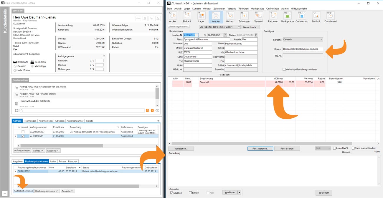 Aus Widget eine Gutschrift anlegen
