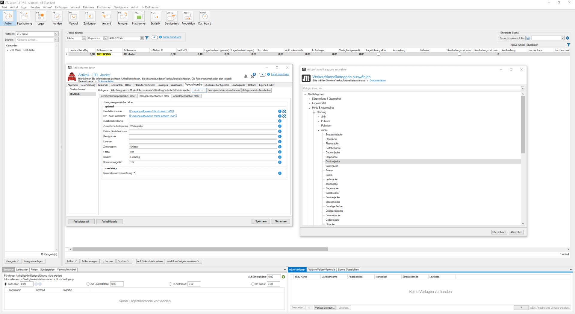 Artikeldetails im Tab Verkaufskanäle, mit daneben dargestelltem Kategorie-Browser des Verkaufskanals, in dem Fall Real.