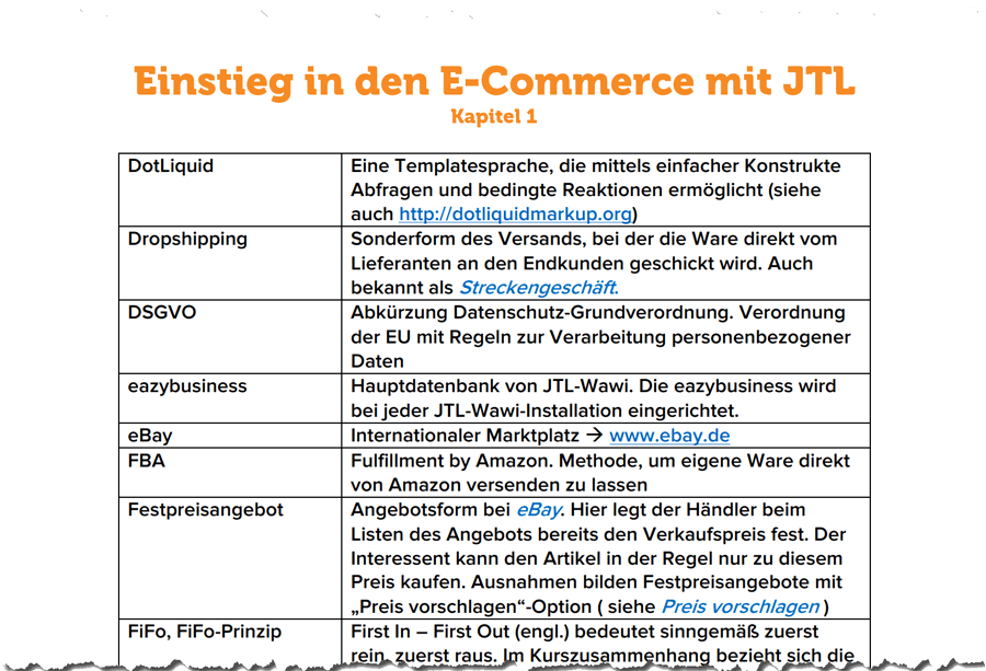 Ausschnitt eines Merkblattes zum Udemy-Kurs von JTL