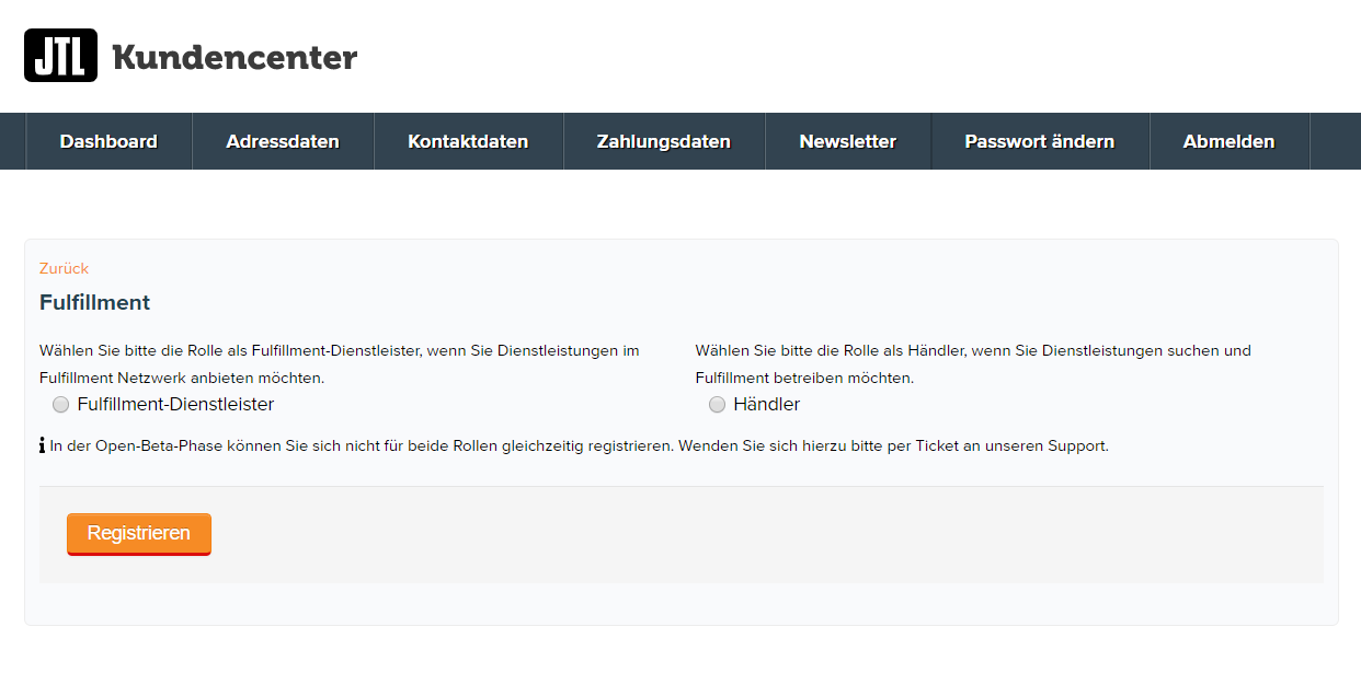 Screenshot der Registrierung im Kundencenter für das neue JTL-FFN