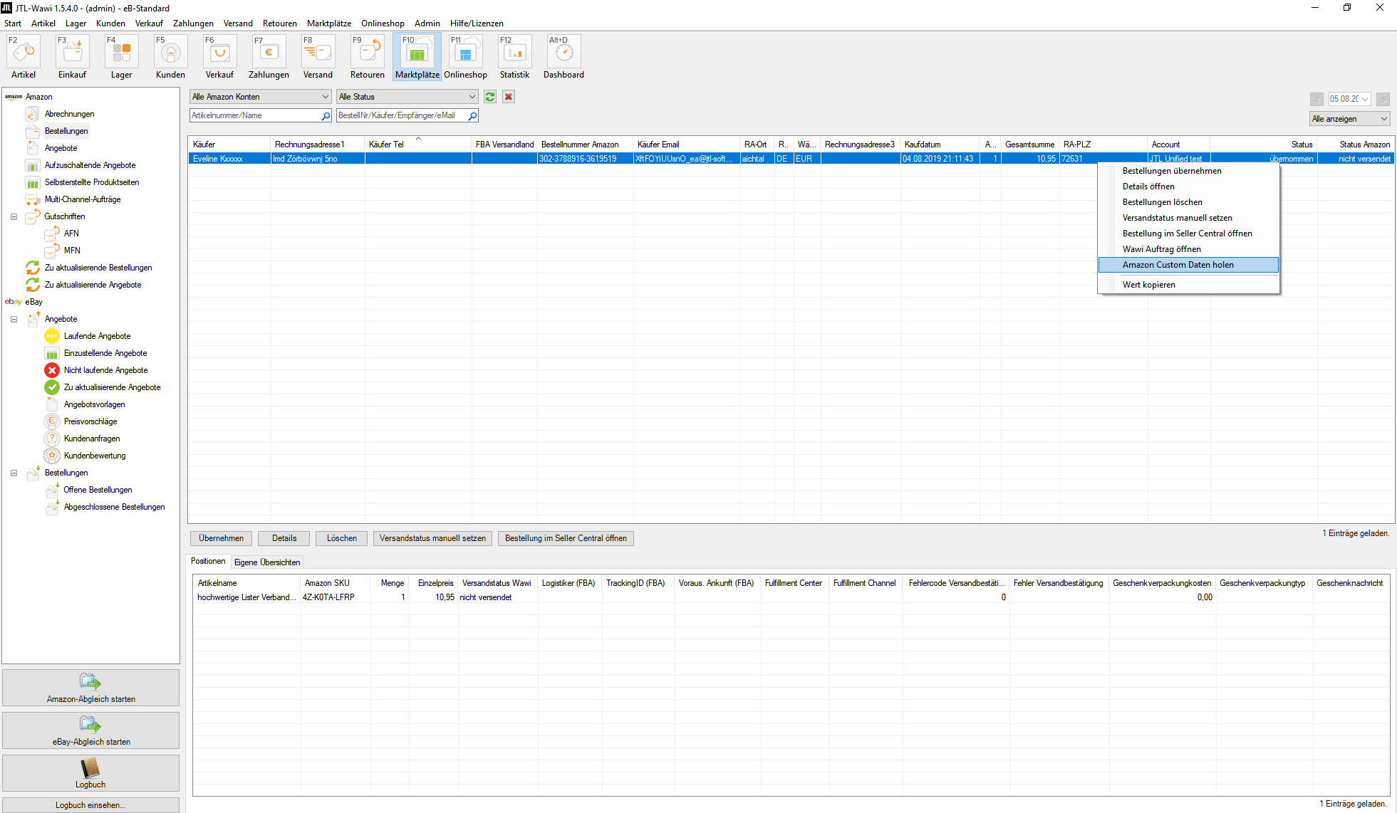 Daten von Amazon Custom in Warenwirtschaft ziehen