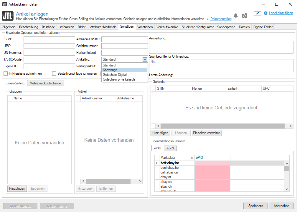 Artikeltyp Kartonage JTL-Wawi