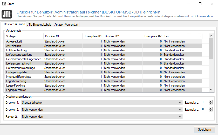 Druckerverwaltung In JTL-Wawi 1.5 - Reiter Drucken & Faxen