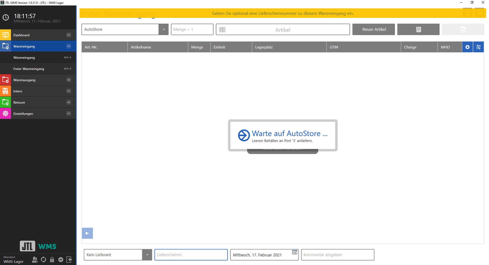 Freier Wareneingang. Warten auf leeren Bin bei Autostore