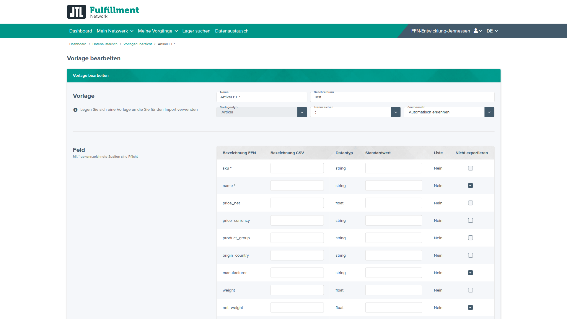 Import- und Exportvorlagen JTL-FFN