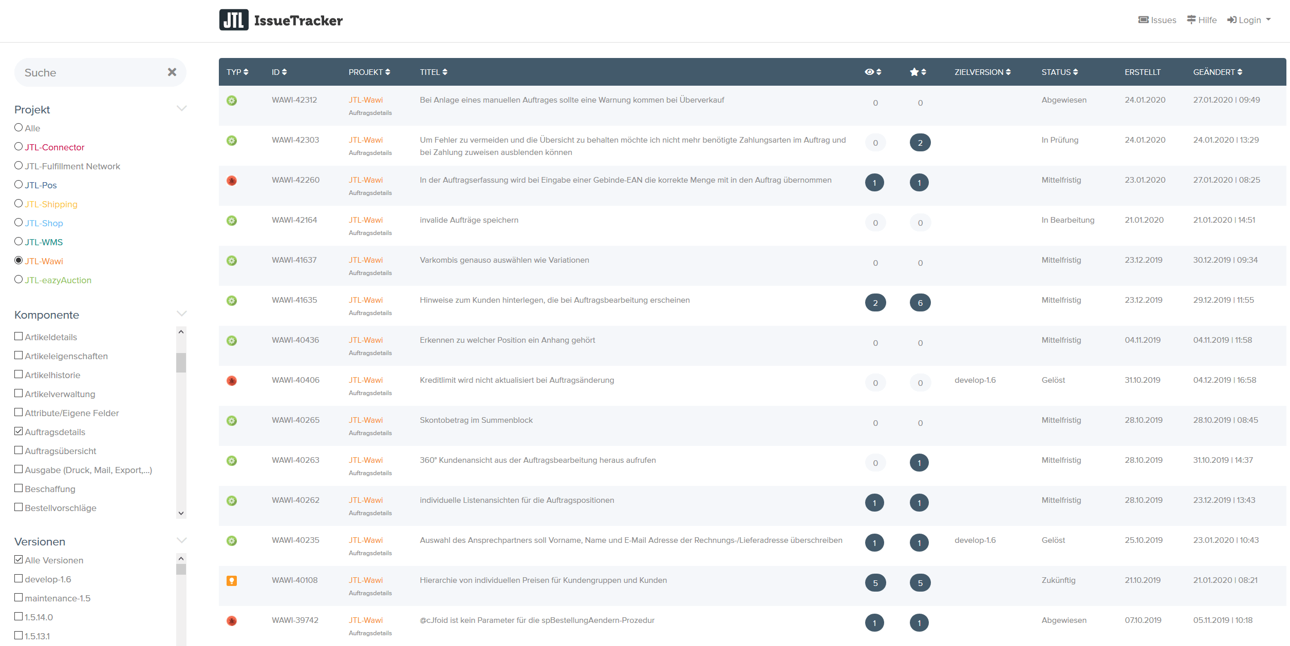 JTL-IssueTracker Ticketübersicht