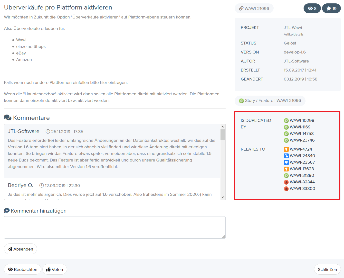 JTL-IssueTracker Detailansicht eines Tickets