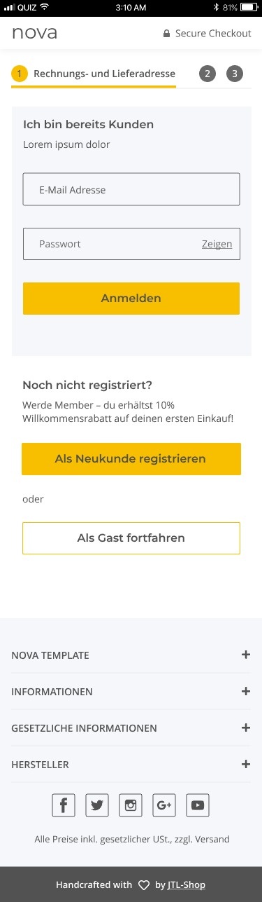 Login und Registrierung in der mobilen Ansicht