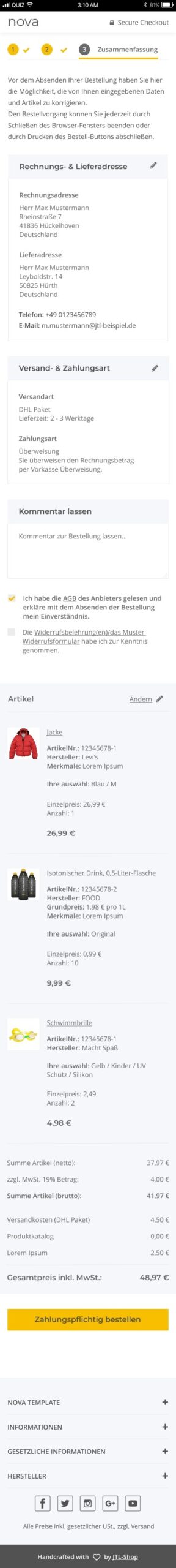 Mobile Vollbildansicht Checkout