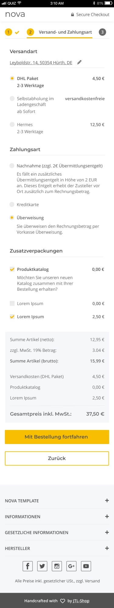 Volle Ansicht der Versand- und Zahlungsmodalitäten